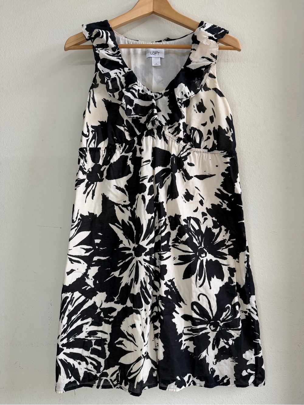 LOFT Black and White Floral Ruffle Midi Dress
